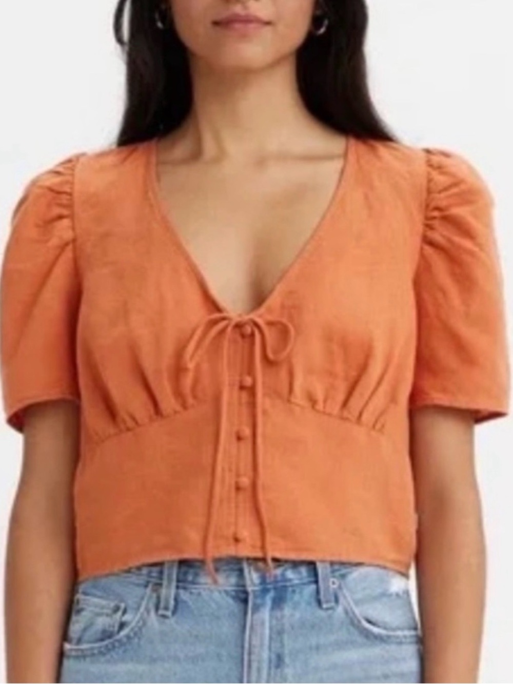 Levi’s 100% Natural Material Orange Puff-Sleeve Tie-Front Top - Linen/Cotton